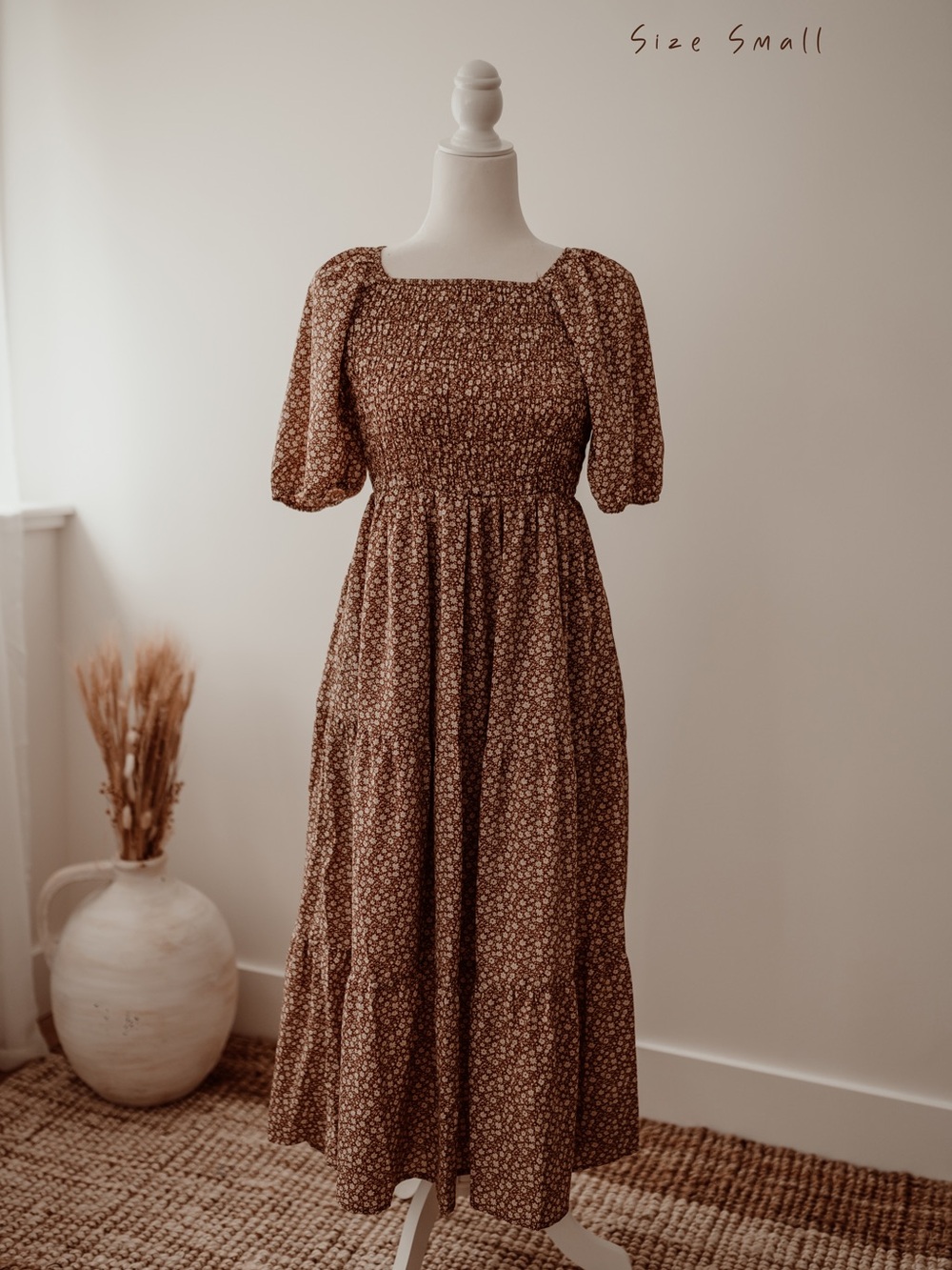 Bohme Brown Floral Square-Neck Midi Dress